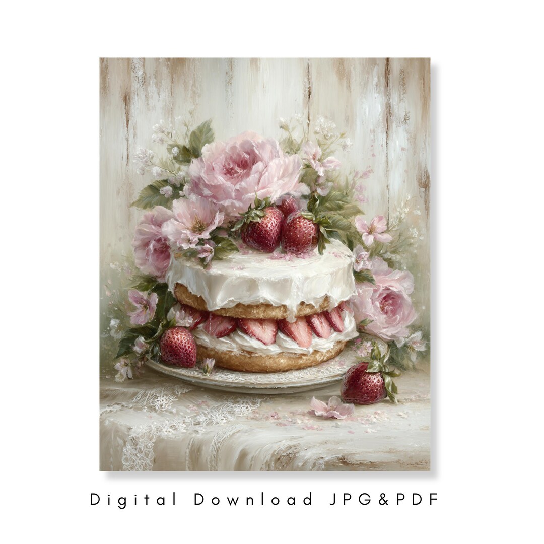 Strawberry Cake Wall Art Printable Vintage Dessert Decor Shabby Chic ...