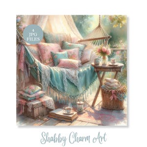 Shabby Chic hangmat Retreat Clipart JPG bundel Vintage pastel bloemen gezellige veranda junk Journal plakboek ambachten downloaden met hoge resolutie