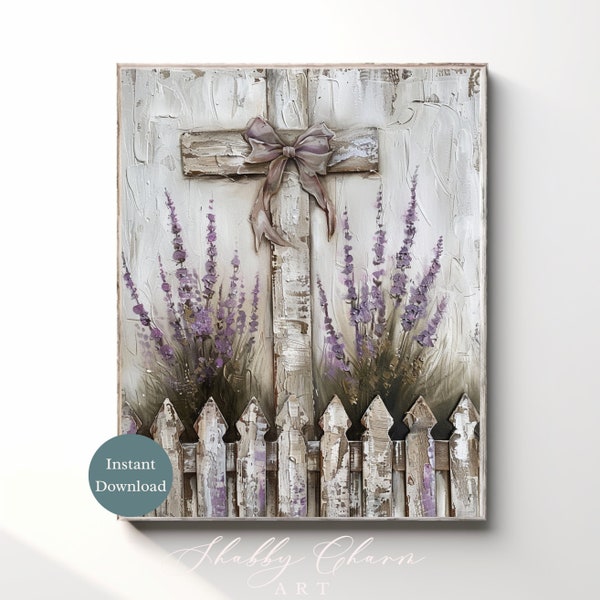 Lavender Wall Art, Farmhouse Style Sign, Cottage Floral Decor Print, Printable Flower Poster, White Wood Rustic Painting, Digital Download
