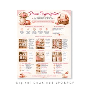 May include: A home organization guide digital print featuring pink floral accents, a wicker basket, and a tea set. The text includes Home Organization, A Place For Everything, And Everything In Its Place, along with room-by-room tips, a decluttering guide, and daily habits for an organized home.