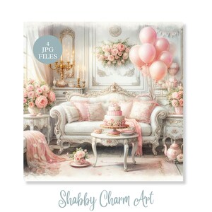Geburtstagsparty Shabby Chic Rosa JPG Clipart Bündel Vintage Blumen Französisch Cottage Junk Journal Scrapbook Handwerk hohe Auflösung Viktorianisch