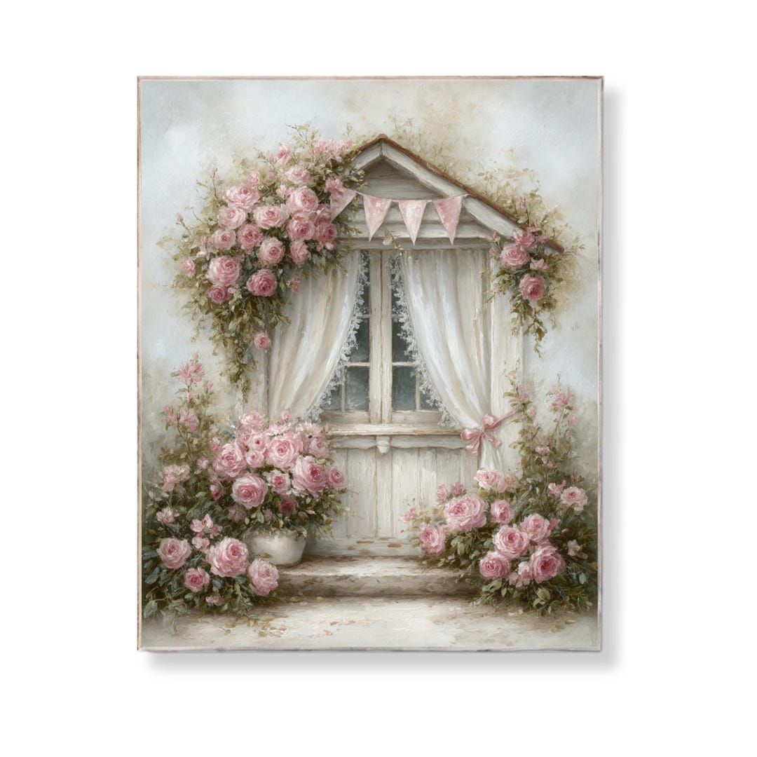 Shabby Chic Cottage Window Printable Wall Art With Pink Roses Vintage ...