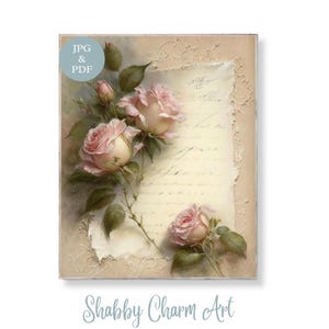 Lettera d'arte romantica con rose in stile shabby chic, stampabile con scritte vintage, carta strappata e pizzo rosa pastello, download digitale per decorazioni in stile cottage.