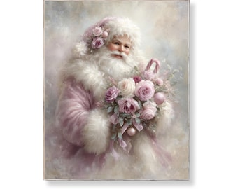 Shabby Chic Santa Print: Pink Roses, Vintage Christmas (Digital Download 8x10 PDF/JPG)