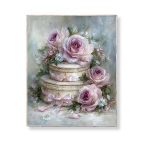 May include: An oil painting of two stacked, round hat boxes adorned with pink ribbons and bows. The boxes are surrounded by large, pink roses and delicate greenery, set against a soft, muted background. The artwork evokes a vintage, romantic aesthetic.