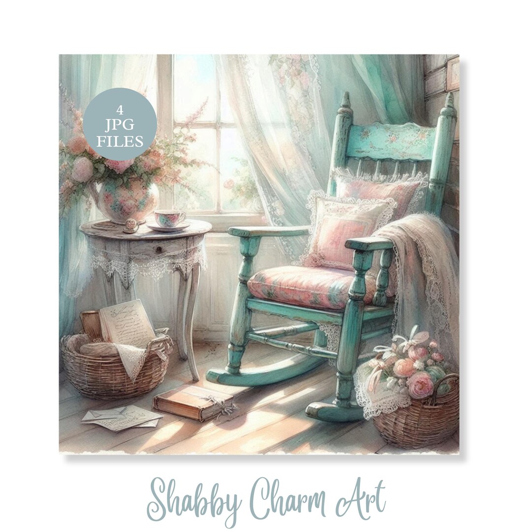 Shabby Chic Rocking Chair Clipart: Vintage Floral JPG Bundle (digital ...
