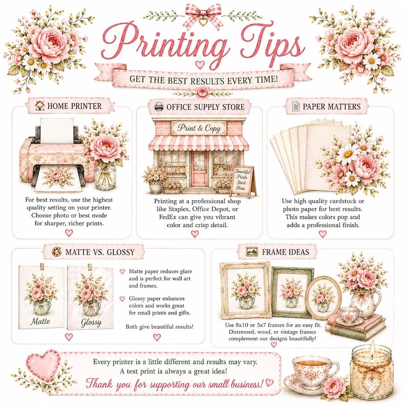 May include: An instructional graphic titled Printing Tips featuring floral illustrations. It provides guidance on home printing, office supply stores, paper quality, matte versus glossy finishes, and frame ideas, including 8x10 and 5x7 frame sizes.