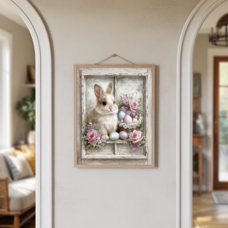 Shabby Chic Easter Bunny Wall Art Printable Vintage Floral Rabbit Decor ...