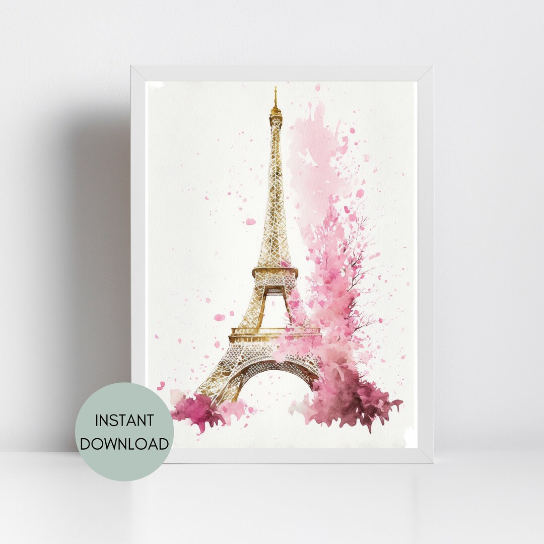 Watercolor Pink and Gold Paris Eiffel Tower Instant Digital Download