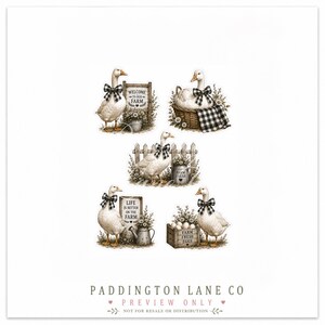 May include: A collection of five illustrations featuring white geese wearing black and white buffalo check bows. The images include signs with the text Welcome to our farm and Life is better on the farm, a basket, a fence, and a crate of eggs.