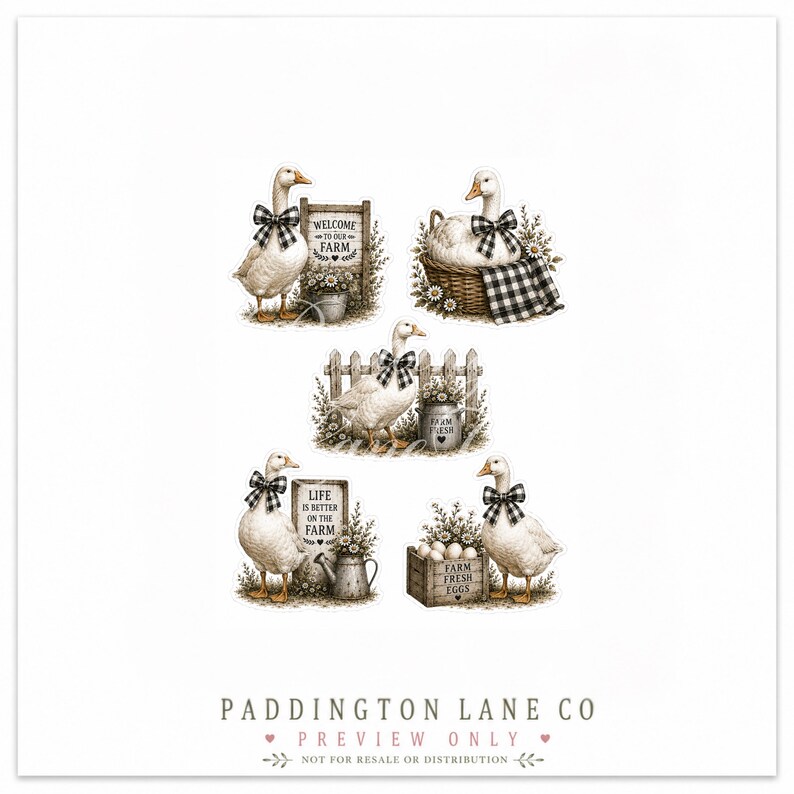May include: A collection of five illustrations featuring white geese wearing black and white buffalo check bows. The images include signs with the text Welcome to our farm and Life is better on the farm, a basket, a fence, and a crate of eggs.