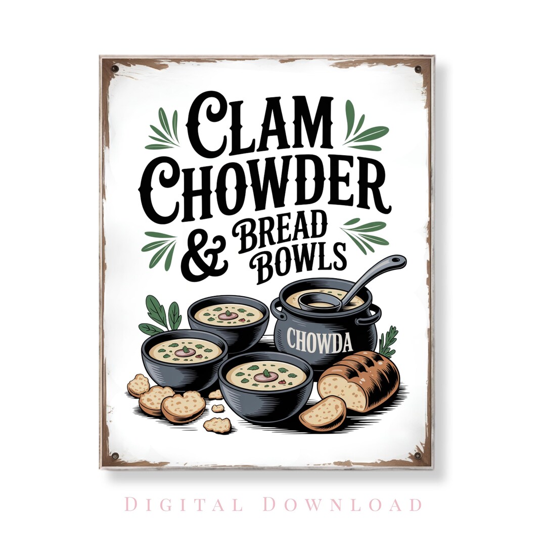 Clam Chowder Kitchen Wall Art Coastal Farmhouse Decor Nautical Food ...