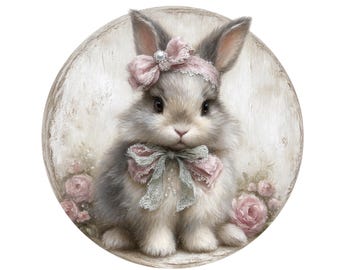 Bunny PNG Floral Bunny Round Sign Cottagecore Spring Decor Shabby Chic Bunny Wreath Accent Vintage Easter Bunny Digital Download