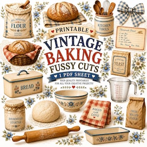 Vintage Baking Fussy Cuts do druku w formacie PDF, wypiek chleba, pamiątkowe artykuły, dziennik śmieci, album ze zdjęciami, piekarnia na zakwasie, dom wiejski, clipart do pobrania cyfrowego
