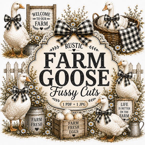 Farmhouse Goose Fussy Cuts, White Goose Printable, Rustic Farm Animal Ephemera, Junk Journal Supplies, Digital Download, Paddington Lane Co