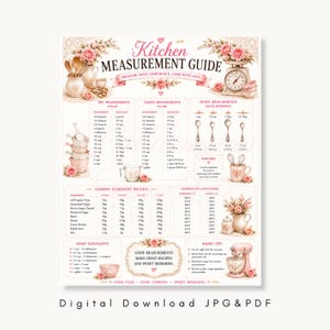 May include: A vintage-style kitchen measurement guide featuring dry, liquid, and spoon measurements, ingredient weights, temperature conversions, and baking tips. The guide is decorated with floral elements and the text "Kitchen Measurement Guide". The words "Digital Download JPG&PDF" are at the bottom.