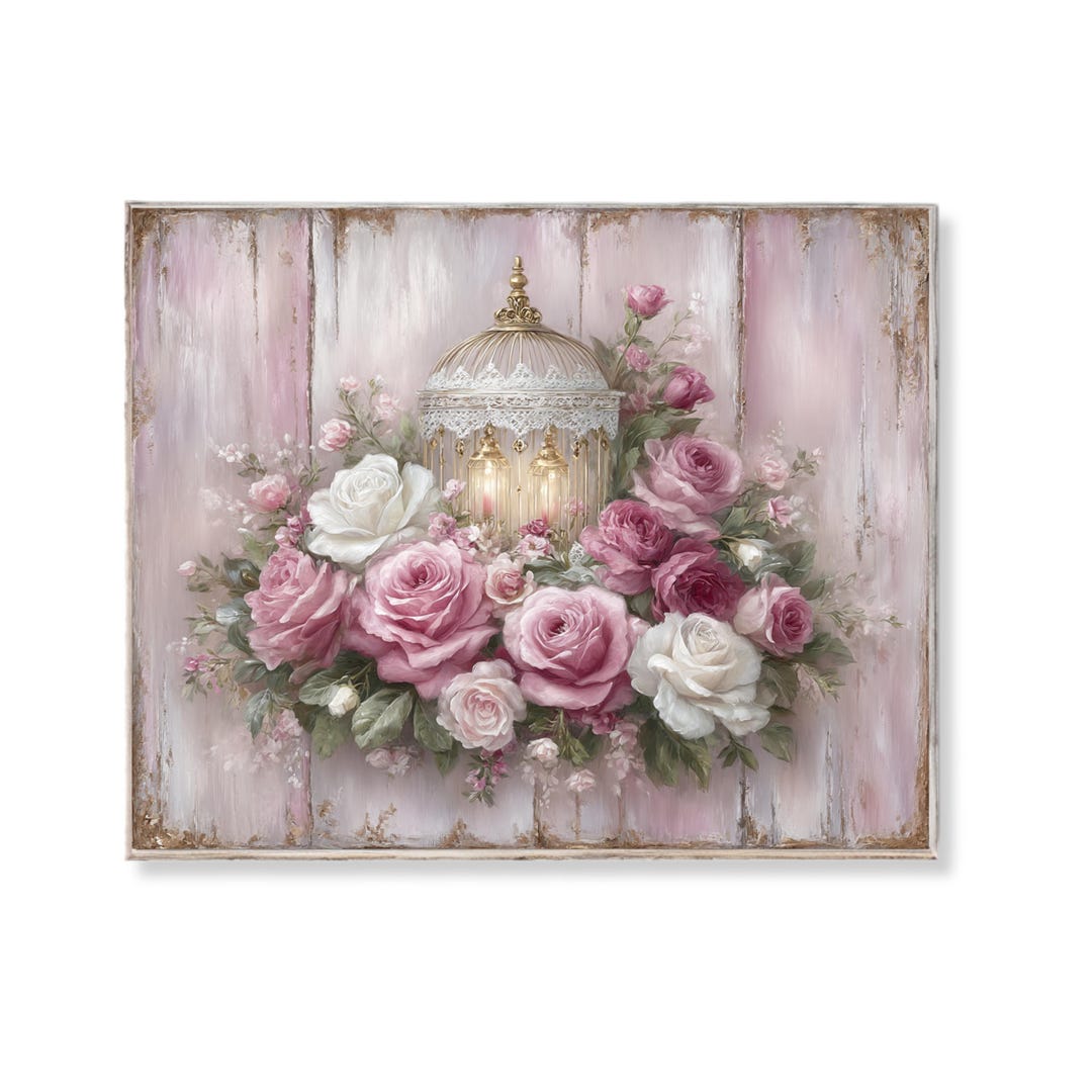 Vintage Blush Rose Birdcage Wall Art Shabby Chic Nostalgic Floral Print ...