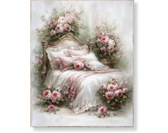 Vintage Shabby Chic Bedroom Wall Art Pink Roses Romantic Lace Bed Print French Cottagecore Coquette Decor Feminine Victorian Floral Download