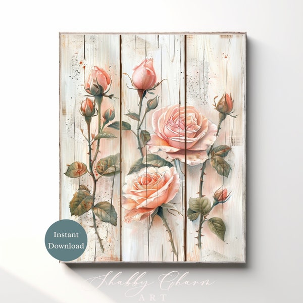 Shabby Chic White Wood Sign Wall Art Vintage Roses Cottage Style Floral Decor Rustic Home Print Instant Digital Download Romantic Farmhouse