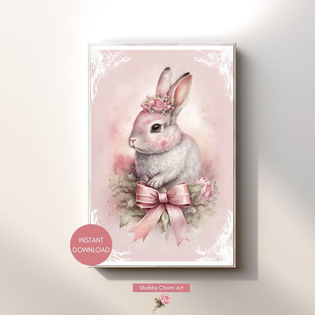 Shabby Chic Pink Vintage Style Christmas Pink Rabbit Wall Art Instant ...