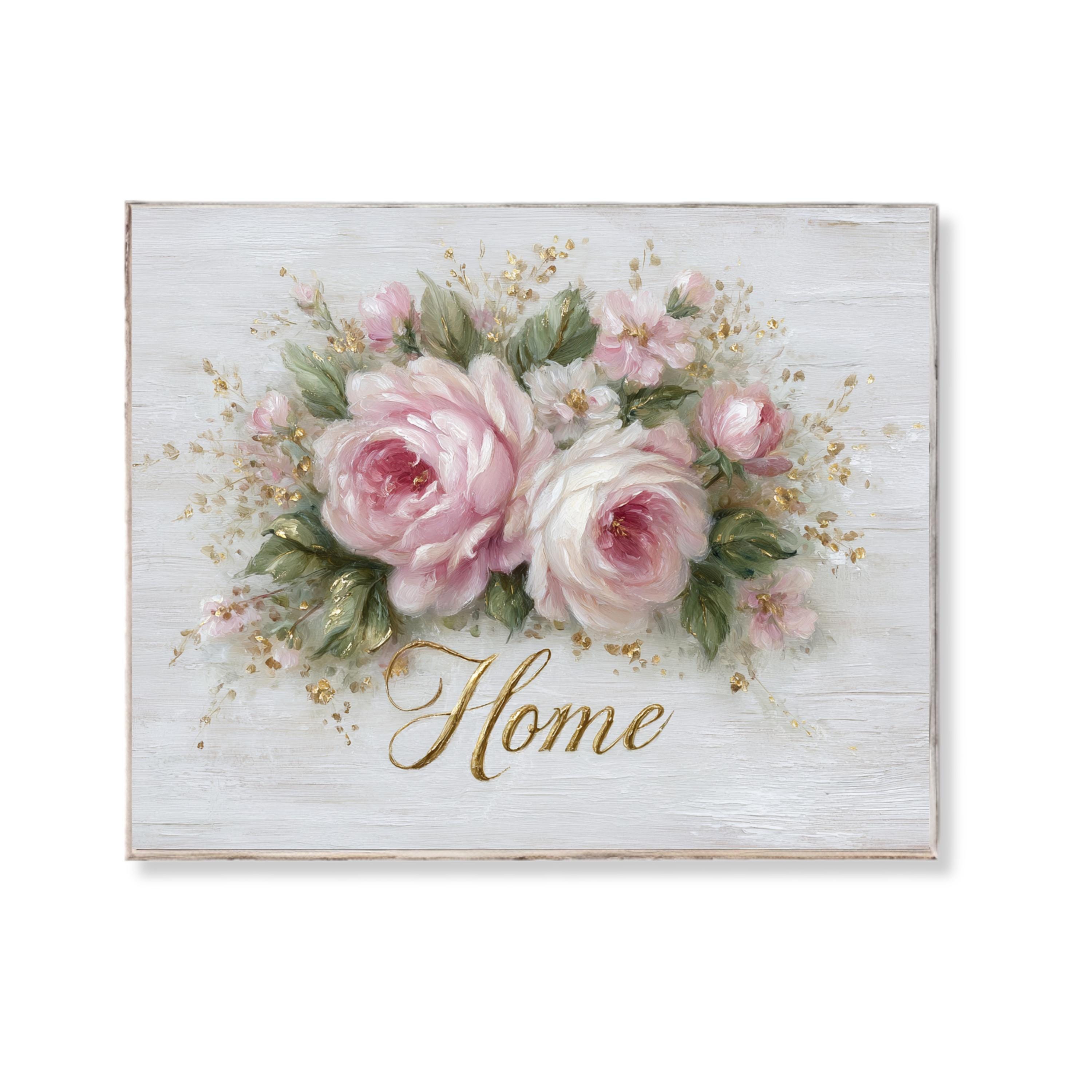 Shabby Chic Home Wall Art Pink Rose Floral Painting Vintage Cottagecore ...