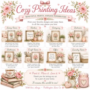 May include: A digital collage titled Cozy Printing Ideas featuring floral illustrations and text. It displays eight room-themed sections including Living Room, Kitchen, Entryway, Bedroom, Bathroom, Craft Room, Office, and Laundry Room with pink roses.