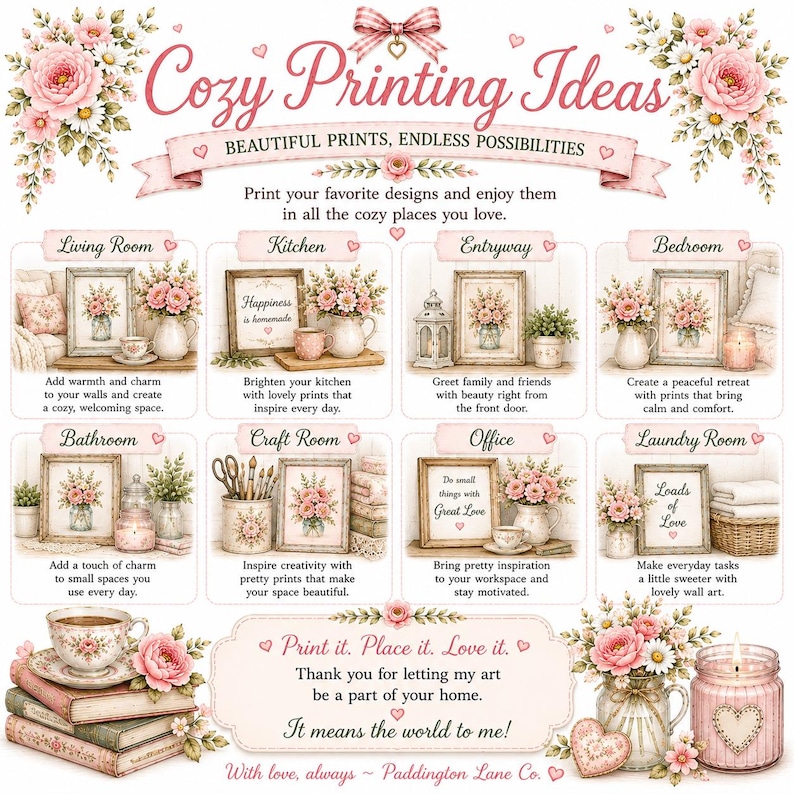 May include: A digital collage titled Cozy Printing Ideas featuring floral illustrations and text. It displays eight room-themed sections including Living Room, Kitchen, Entryway, Bedroom, Bathroom, Craft Room, Office, and Laundry Room with pink roses.