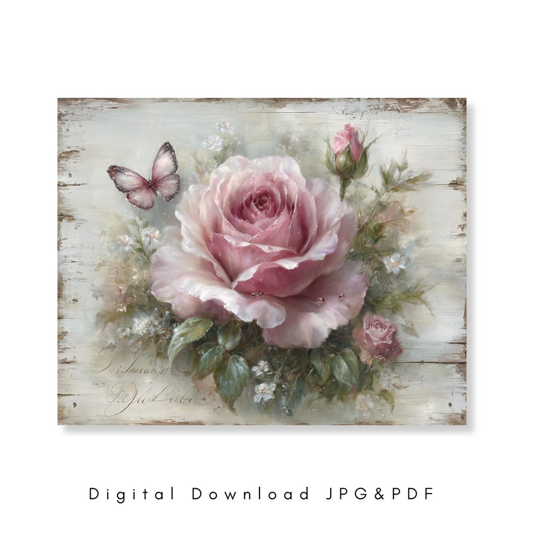 Shabby Chic Pink Roses Wall Art Butterfly Floral Print Cottagecore ...