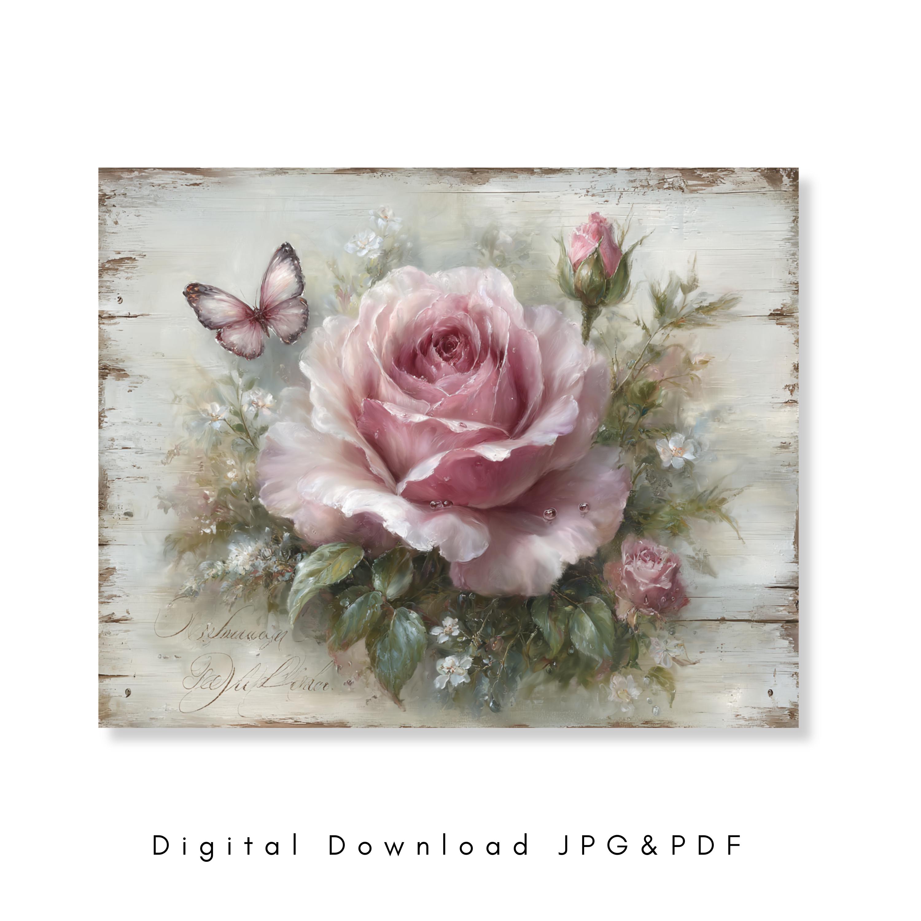 Shabby Chic Pink Roses Wall Art Butterfly Floral Print Cottagecore ...