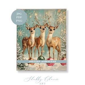 Impression d'art vintage de Noël d'un adorable renne avec des ornements festifs, décoration murale rétro pour les fêtes, illustration de carte de Noël de style années 50