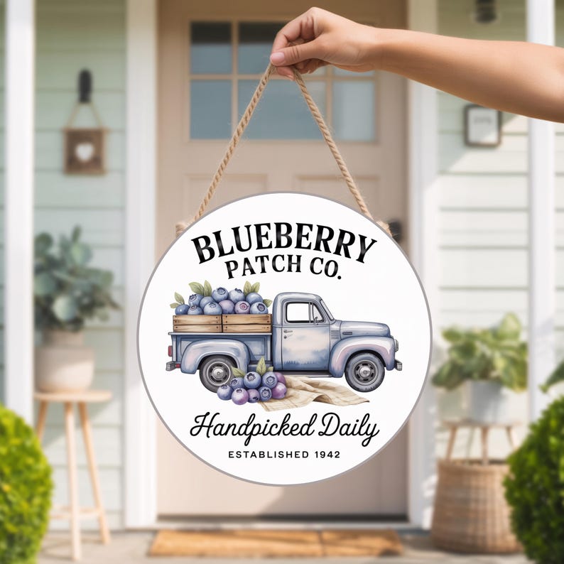 Blueberry Sign PNG Vintage Farm Truck Patch Market Round Door Hanger ...