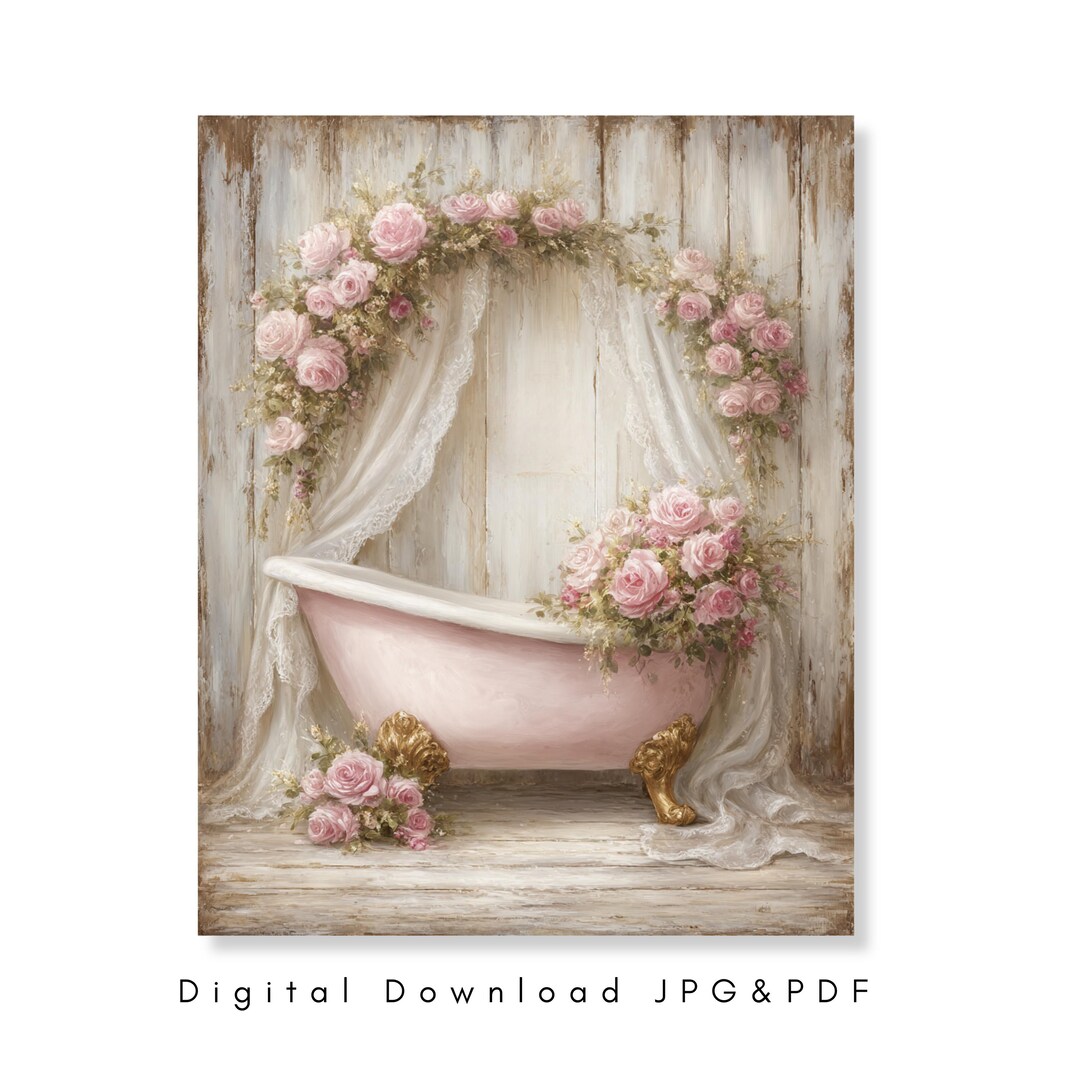 Bathtub Wall Art Pink Bathroom Decor Floral Tub Print Shabby Chic Bath ...