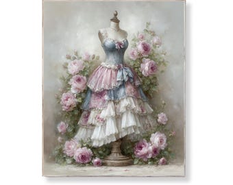 Shabby Chic Dress Form Art Print: Vintage Ruffled Gown, Pink Roses (Digital Download)