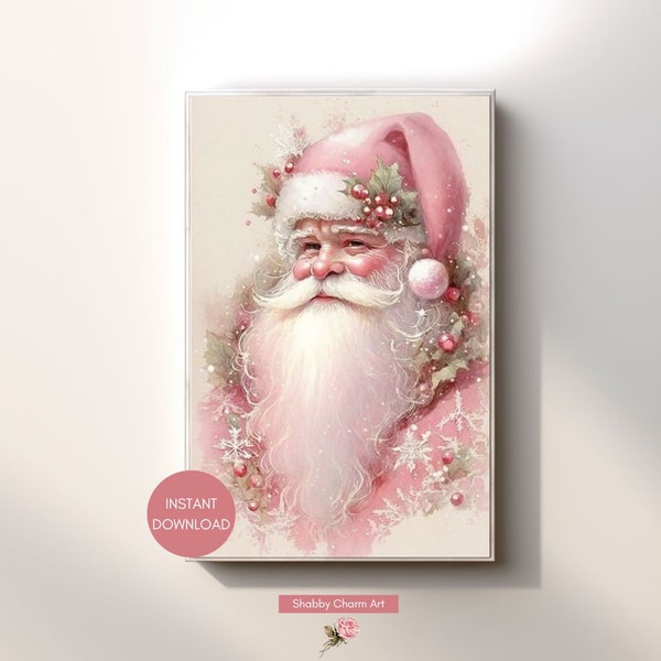 Shabby Chic Pink Vintage Style Christmas Santa Wall Art - 10 x 15 inches - Instant Digital Download Printable - Holiday Decor - Watercolor