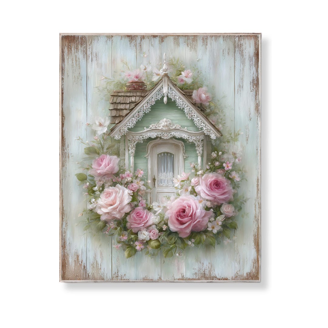 Shabby Chic Floral Cottage Art Vintage Green House Rose Print Romantic ...