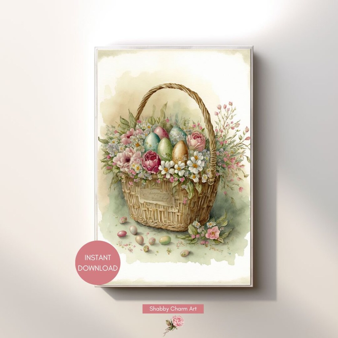 Vintage Easter Egg Basket Wall Art Printable Digital Download Instant
