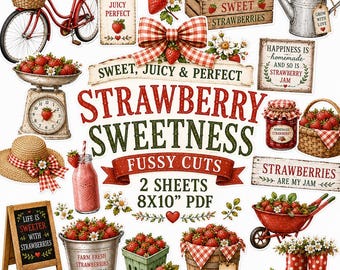 Strawberry Fussy Cuts Printable PDF Vintage Strawberry Ephemera Junk Journal Sublimation Clipart Digital Download Paddington Lane Co
