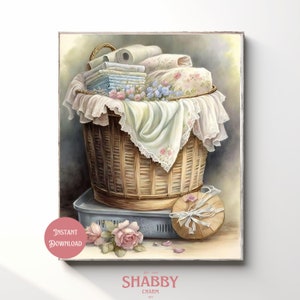 Vintage Antique Laundry Basket Akwarela Druk, Shabby Chic Wall Art, Natychmiastowe Pobieranie Cyfrowe Do Wydruku, Sztuka Cottagecore, Malarstwo Retro