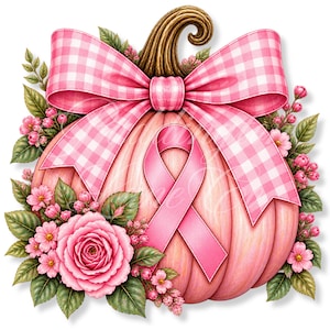 Op de afbeelding: Een lichtroze pompoen met een grote roze bewustmakingslint in het midden. Een roze-witte gingham strik zit bovenop de pompoen, die is versierd met trossen roze rozen, kleine roze bloemetjes en groene bladeren aan beide zijkanten.