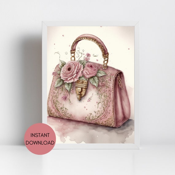 Shabby Chic Pink Floral Purse Watercolor Wall Art Instant Digital