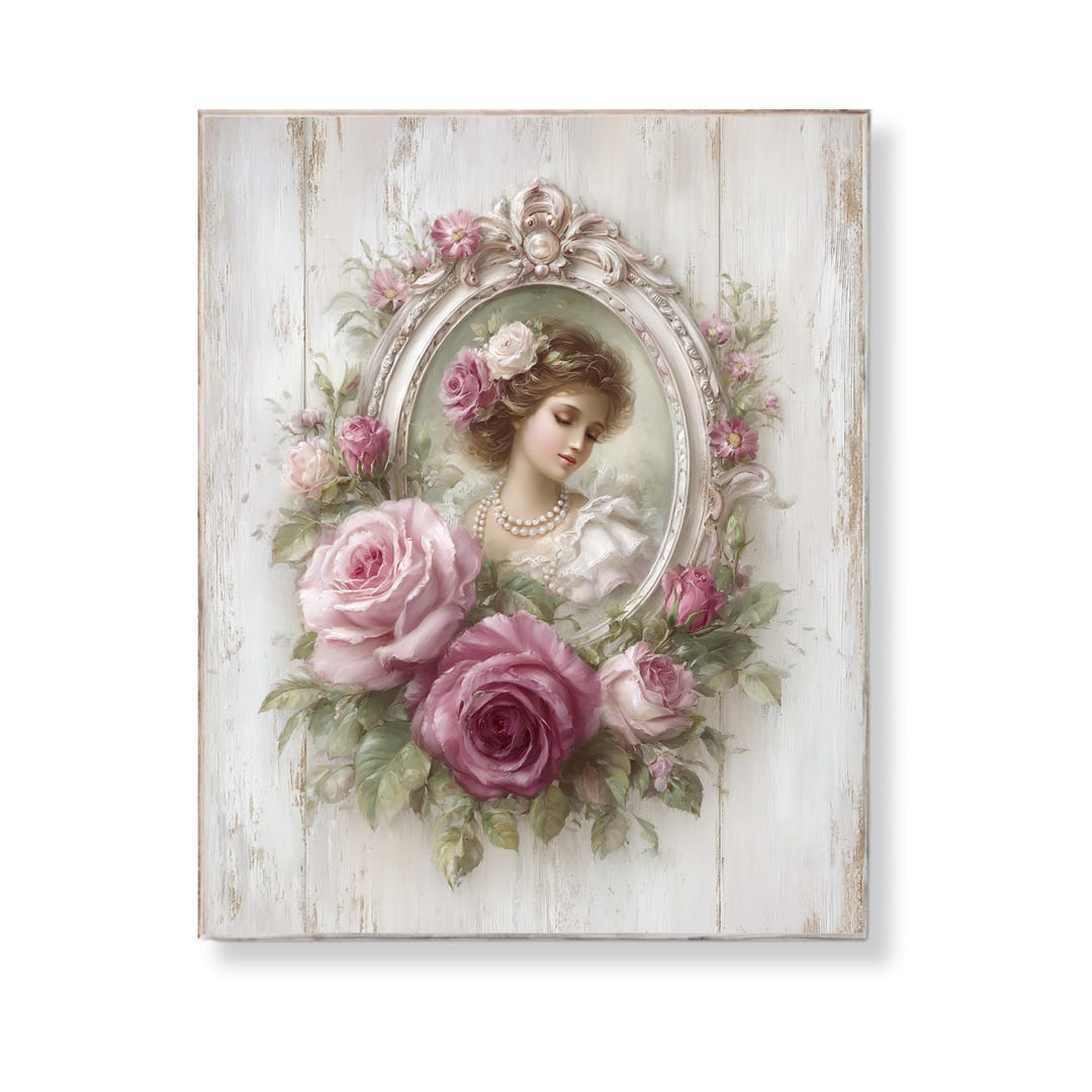 Shabby Chic Lady Wall Art Vintage Rose Portrait Print Romantic French ...