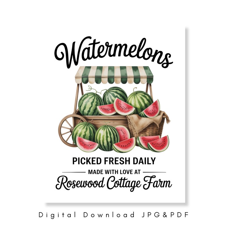 Watermelon Script Png Watermelon Market Sign Printable Vintage Farm Stand Decor Summer Fruit ...