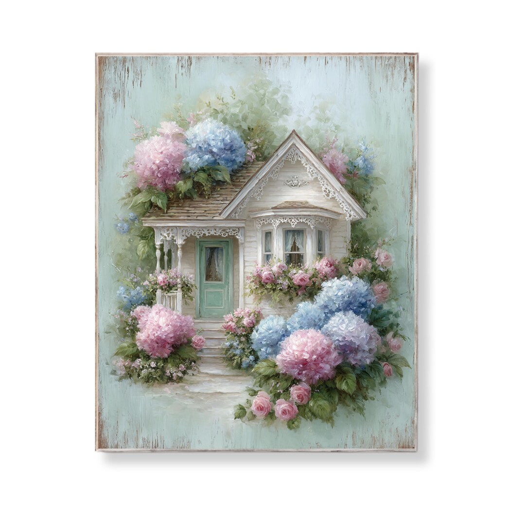 Shabby Chic Cottage Floral Art Print Pastel Hydrangea Pink Rose Wall ...
