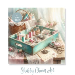Lot de couture shabby chic vintage bobines de fil dentelle pastel cottagecore indésirable journal scrapbooking artisanat art numérique JPG haute résolution
