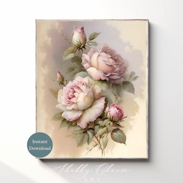 Vintage Roses Art Shabby Chic Wall Art Cottage Style Wall Decor Rustic Home Gift Decor Print Instant Digital Download Romantic Farmhouse