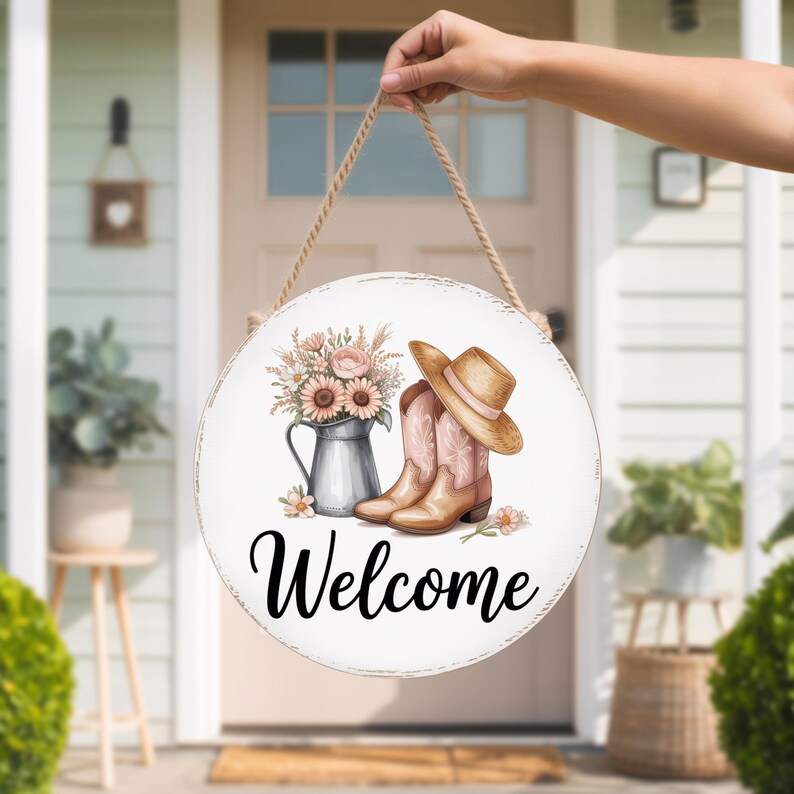 Wellcome Pitcher Welcome Png Western Boots Floral Sign Farmhouse Country Decor Round ...