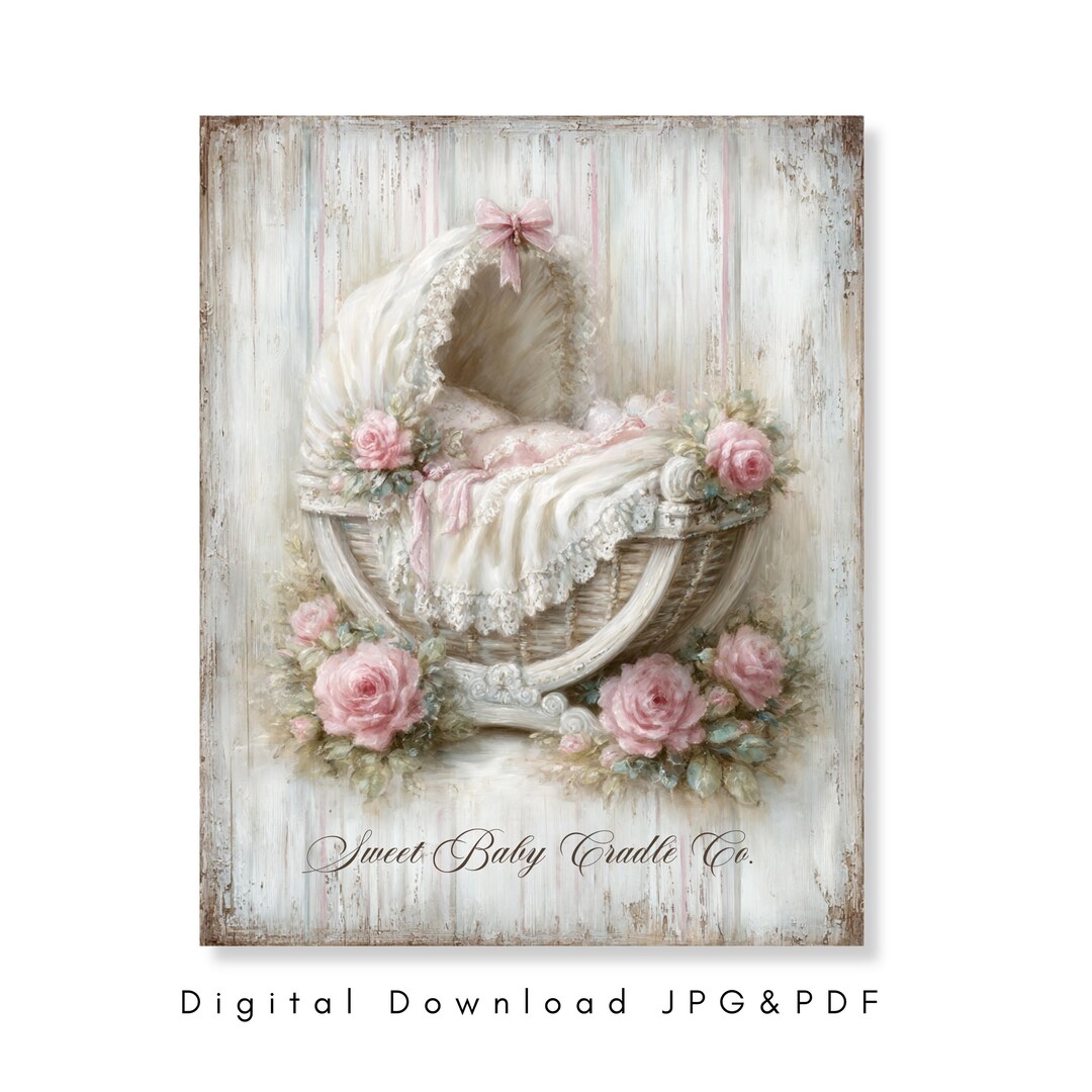 Baby Girl Nursery Wall Art Vintage Cradle Floral Printable Shabby Chic ...