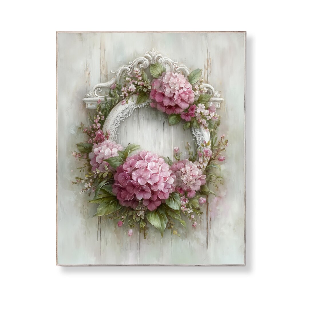 Shabby Chic Hydrangea Wreath Wall Art Pink Floral Cottagecore Painting ...
