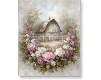 Shabby Chic Barn Printable Wall Art With Pink And White Roses Vintage Farmhouse Country Rustic Cottagecore Floral Digital Download Picture
