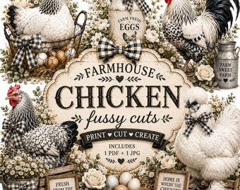 Farmhouse Chicken Fussy Cuts, Rooster Hen Printable Clipart, Black White Farmhouse Junk Journal Digital Download, Paddington Lane Co
